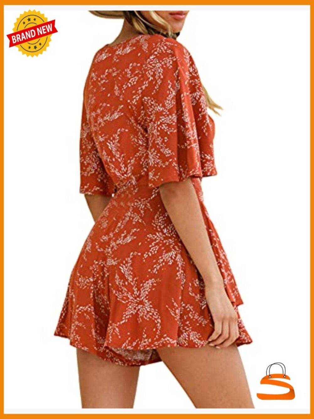 Short Flared Sleeve Romper Jumpsuit with Ruffle Hem - Picture 6 of 7